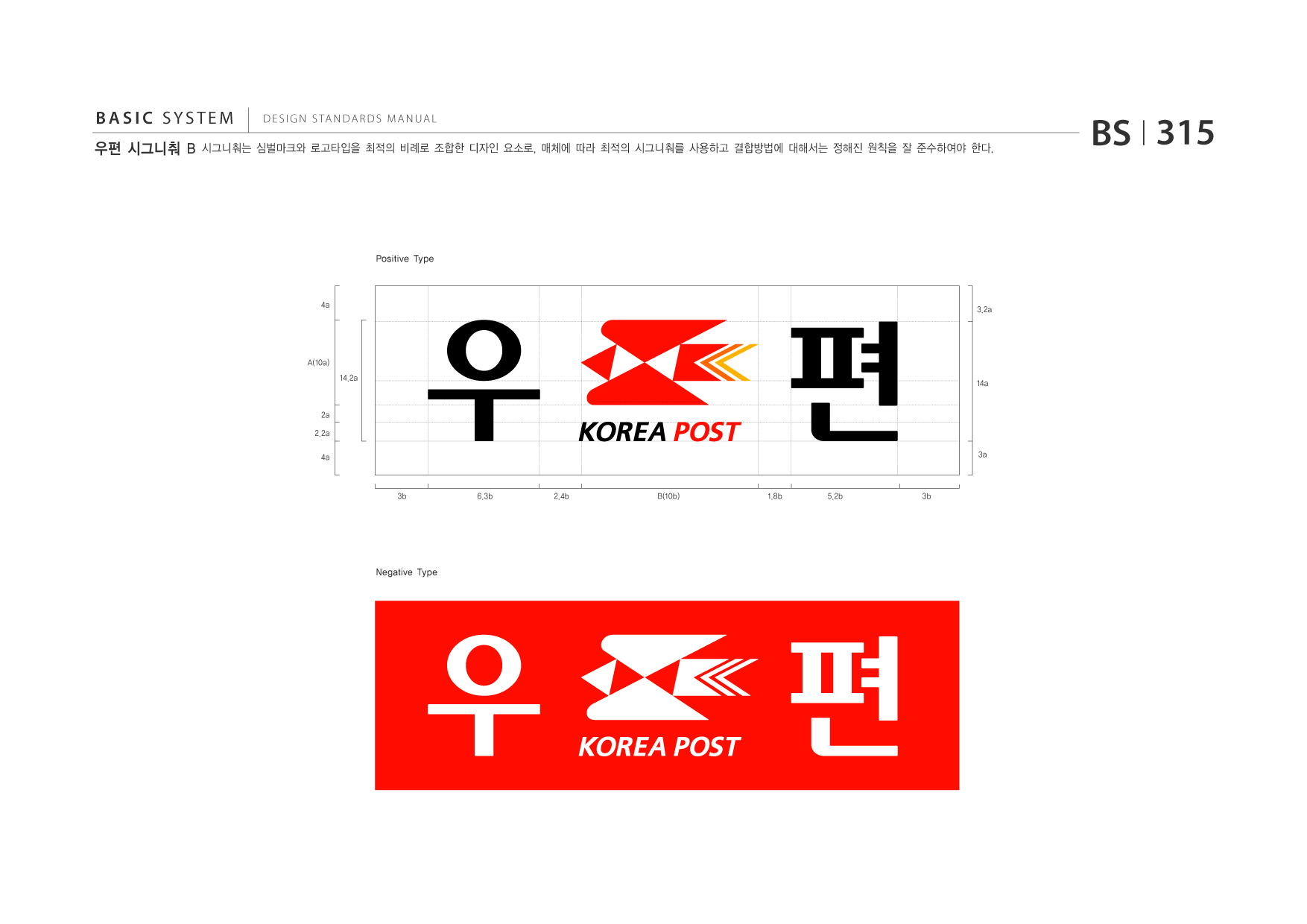 BASIC SYSTEM 우편 시그니춰 B  DESIGN STANDARDS MANUAL  시그니춰는 심벌마크와 로고타입을 최적의 비례로 조합한 디자인 요소로, 매체에 따라 최적의 시그니춰를 사용하고 결합방법에 대해서는 정해진 원칙을 잘 준수하여야 한다.  BS I 315  Positive Type  4a  3.2a  A(10a) 14.2a 14a  2a 2.2a 4a 3a  3b  6.3b  2.4b  B(10b)  1.8b  5.2b  3b  Negative Type